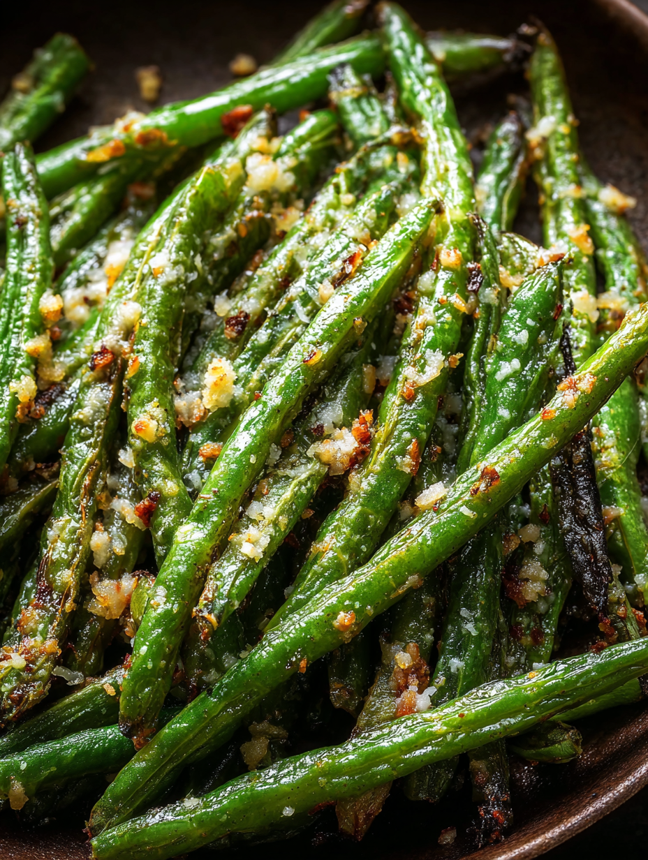 Close up of garlic and Parmesan dusted on roasted green beans