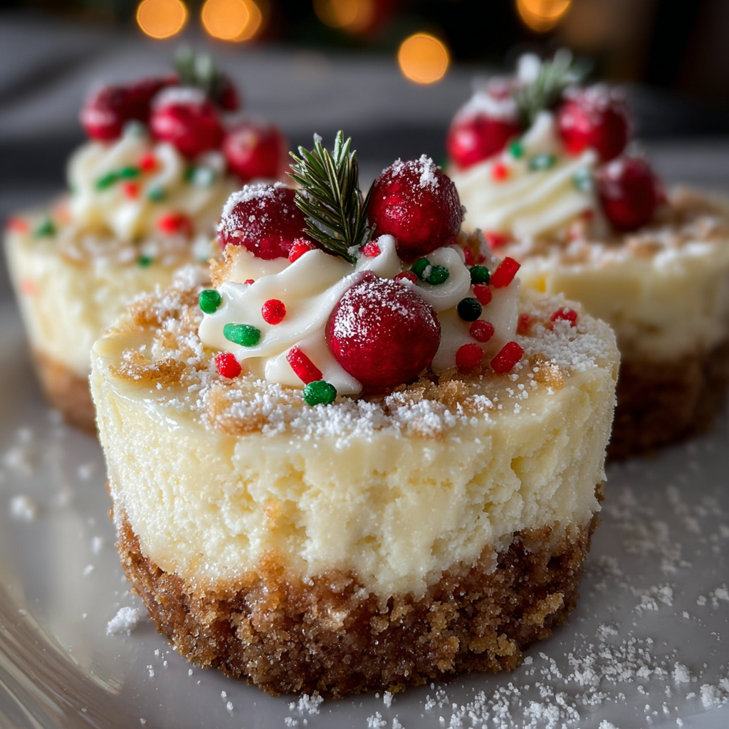 Mini cheesecakes fresh from the oven topped with red and green sprinkles