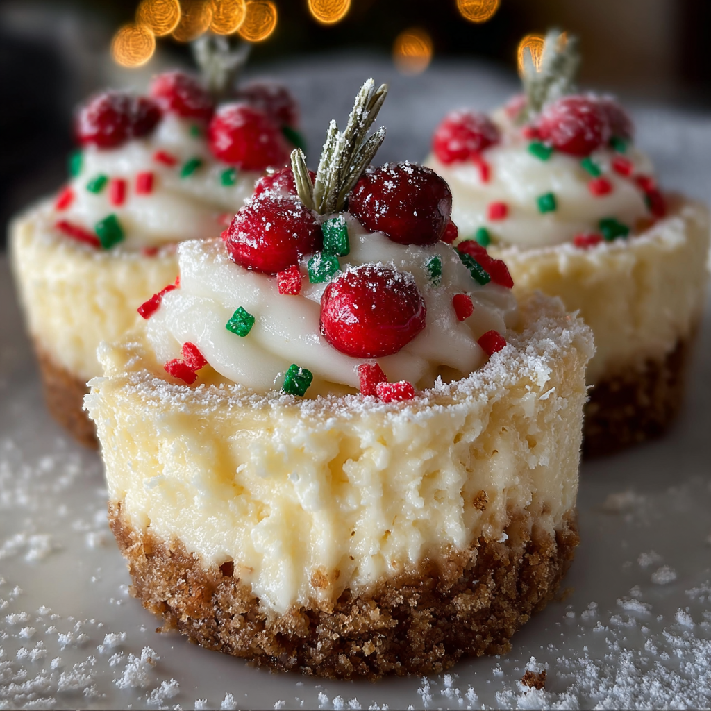 Close up of decoratively sprinkled mini cheesecakes on a serving board