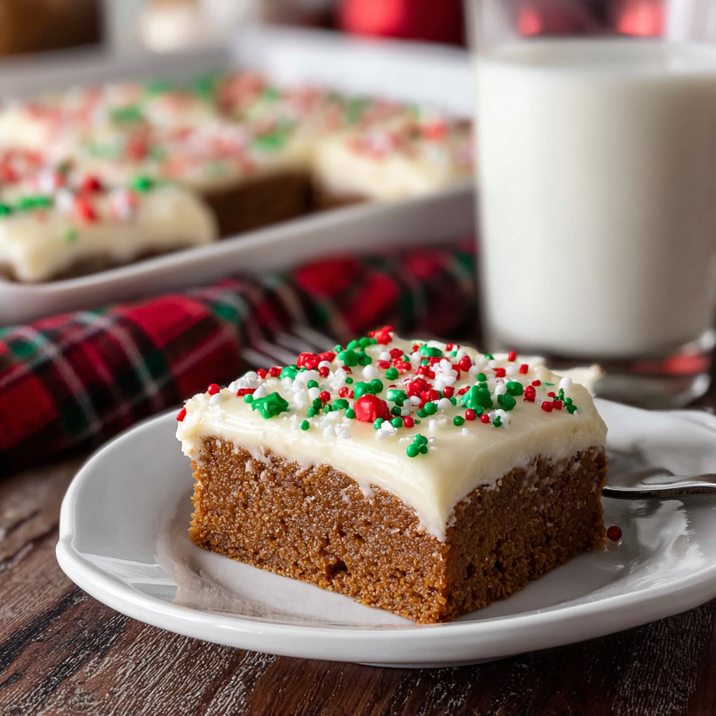 Frosted gingerbread bars on a serving plate