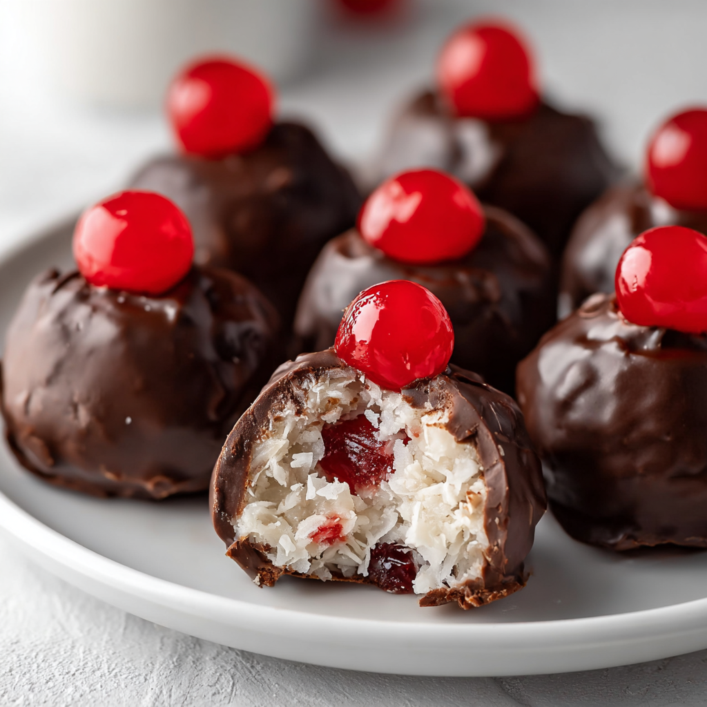 Cherry bourbon balls on parchment with pecan garnish