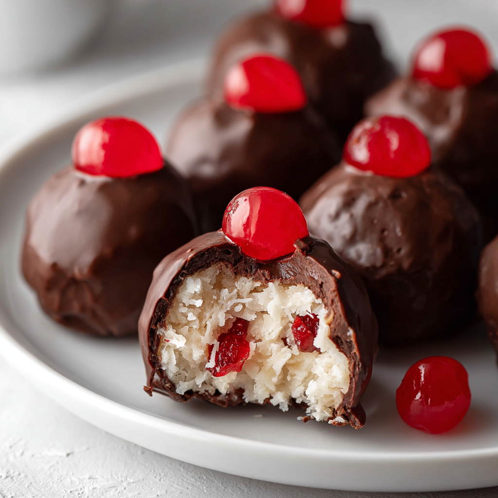 Close-up of a bourbon ball cut in half showing cherry center