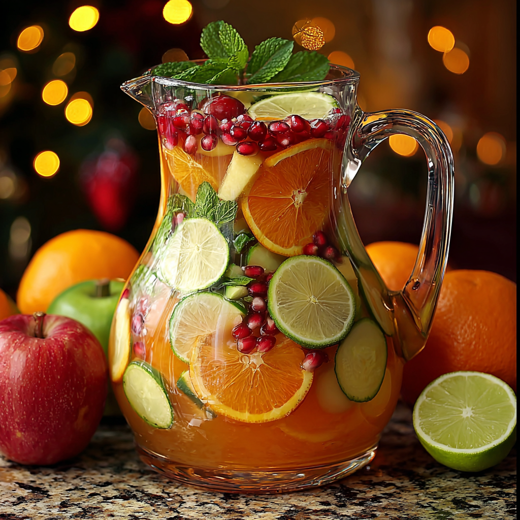 Pitcher of holiday non-alcoholic sangria with fruit