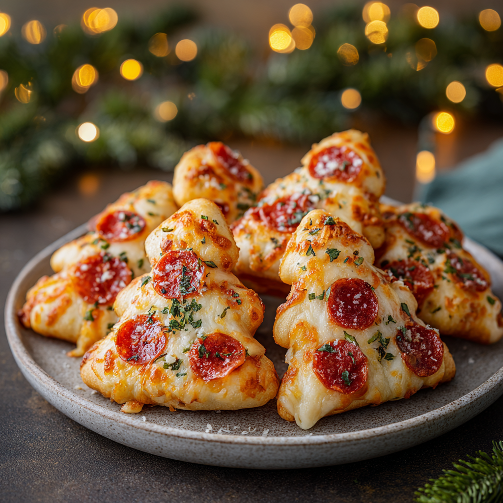Christmas pizza bites on a baking sheet