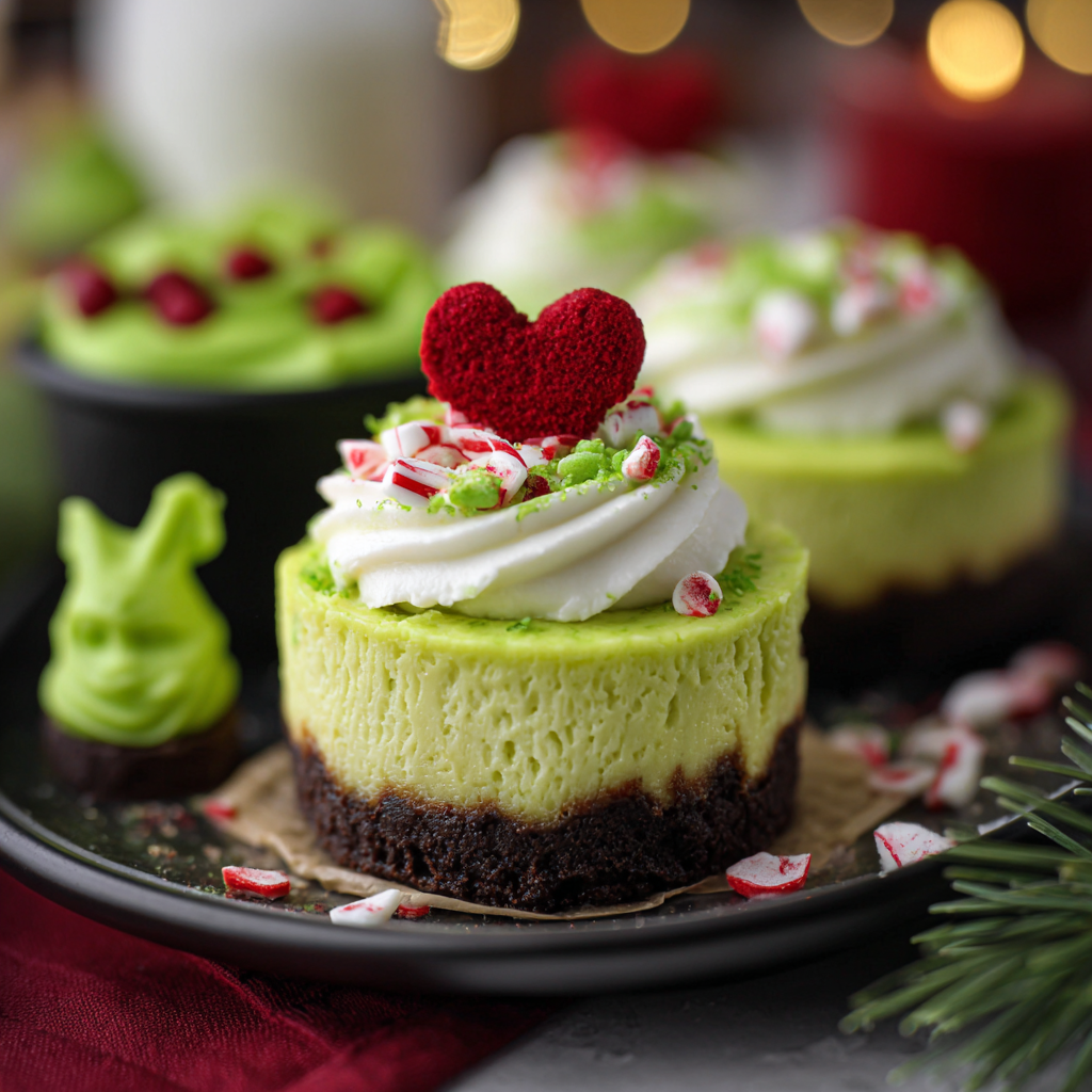 Finished Grinch mini cheesecakes on a serving plate
