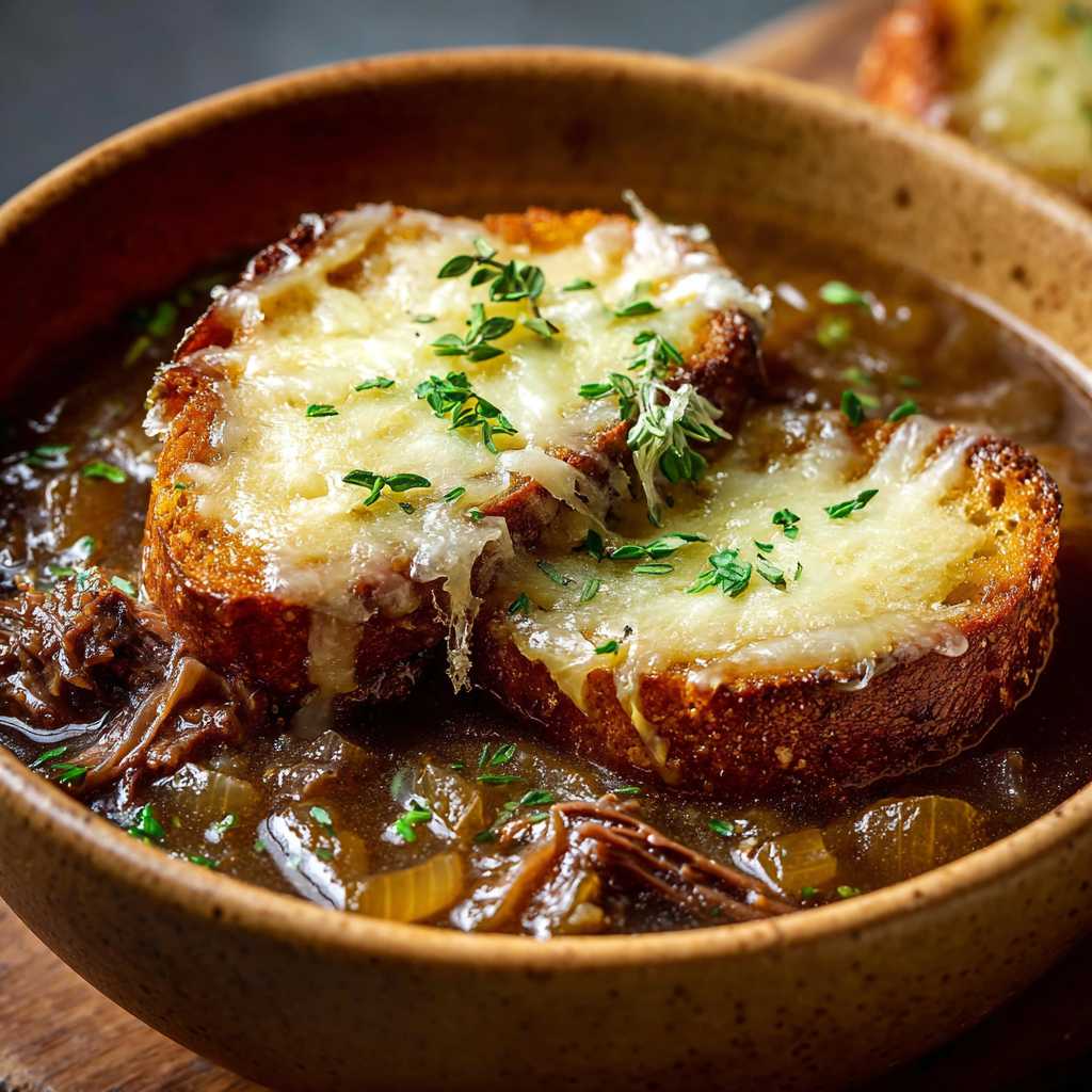 French Onion Short Rib Soup with Gruyere Toast in a bowl