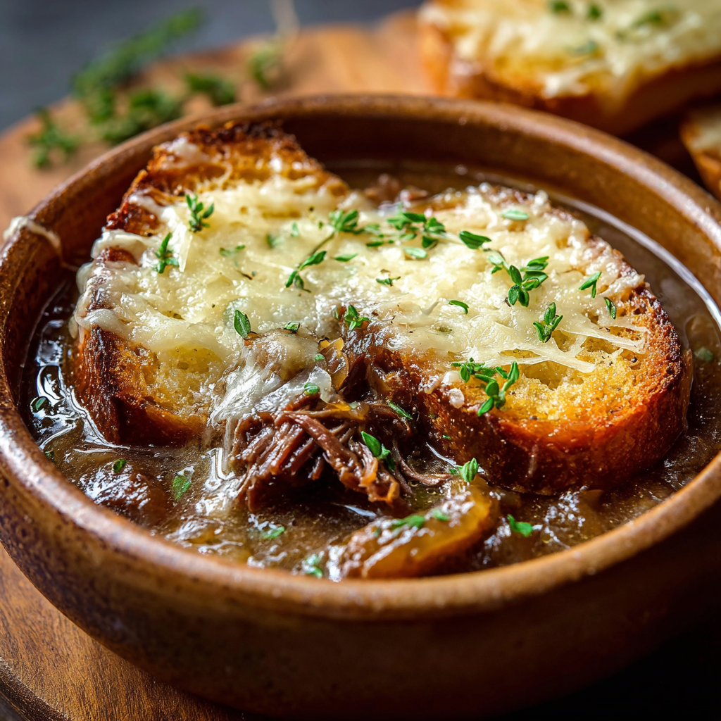 Close up of toasted baguette topped with melted Gruyere