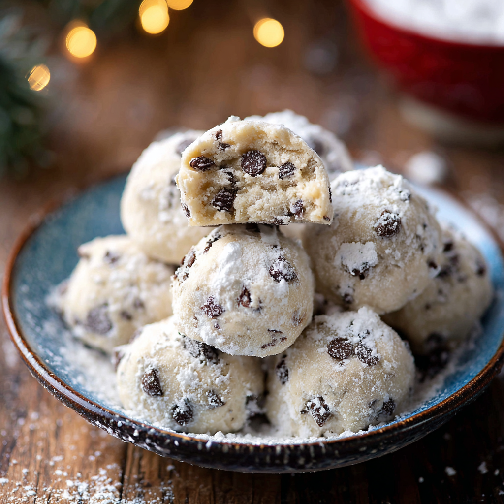 Freshly baked chocolate chip snowball cookies on parchment