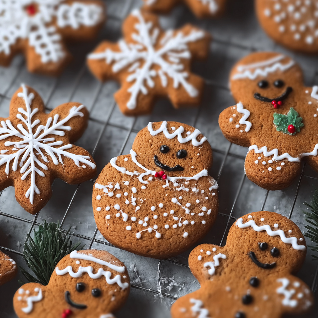 Freshly baked gingerbread cookies cooling on a rack