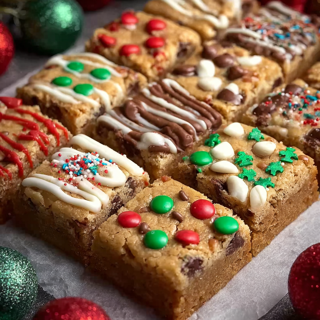 Close-up of a sliced cookie bar showing chocolate and candy pieces