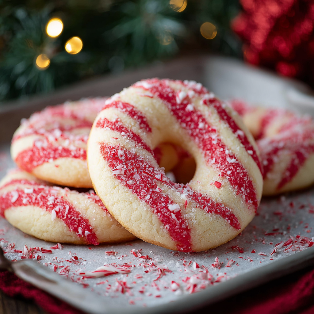 Baked candy cane cookies on a tray
