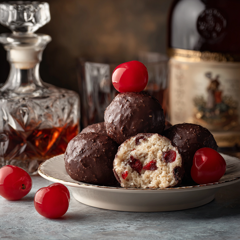 Cherry and bourbon no-bake balls dipped in chocolate on parchment