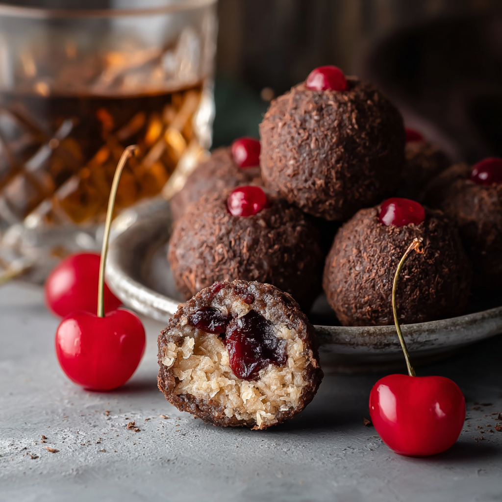 Close up of chocolate coated cherry pecan bonbons