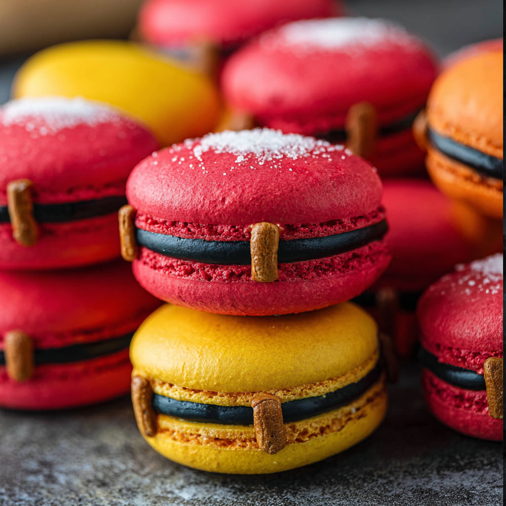 Santa macarons lined up on a tray