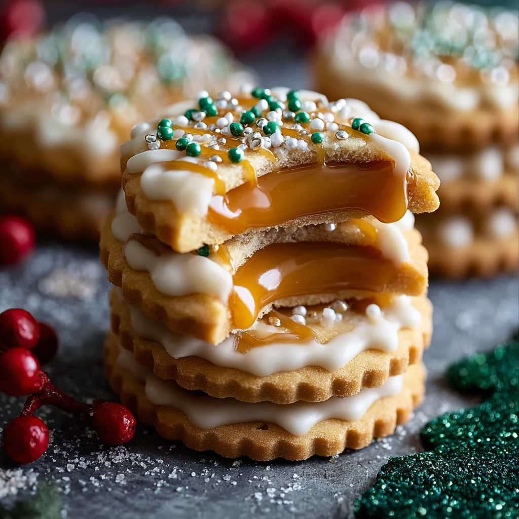Caramel-filled Ritz crackers coated in white chocolate on parchment