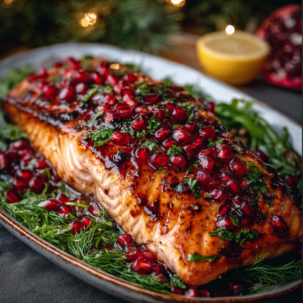 Close up of pomegranate seeds and orange garnish on salmon