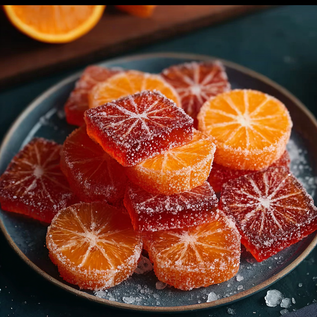 Candied orange slices on a wire rack