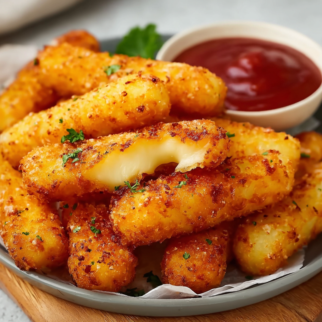 Plated cheese potato fingers with dipping sauce