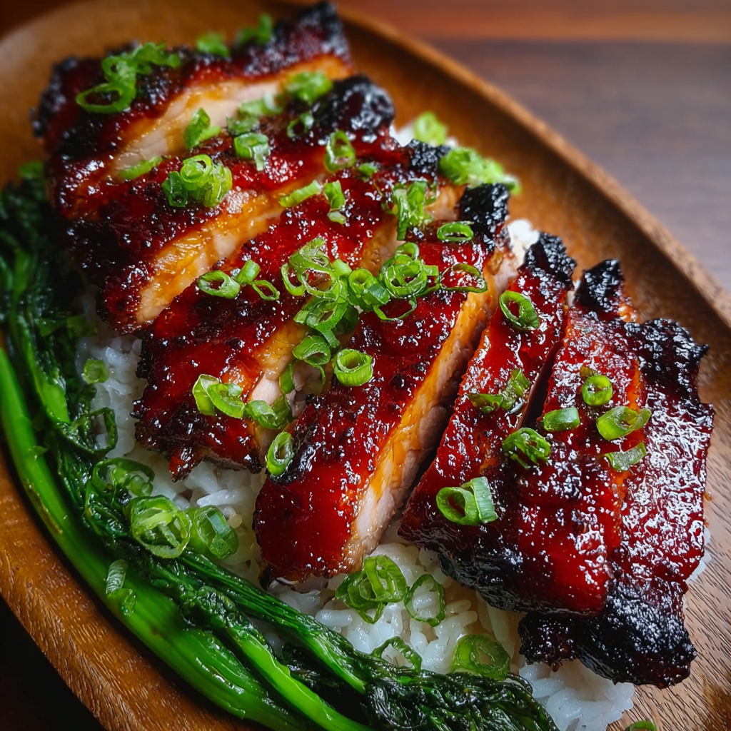Char Siu Chicken plated with rice and green onions