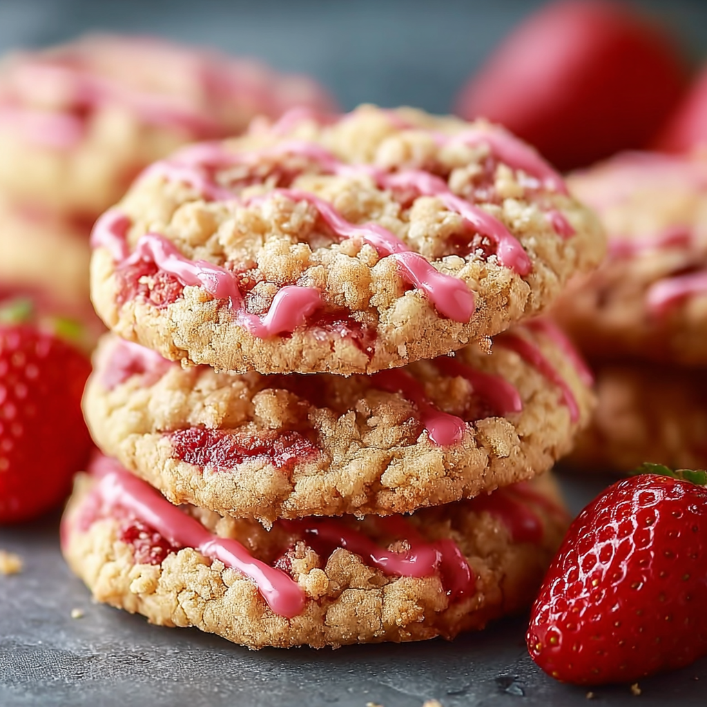Freshly baked strawberry crunch cookies on a wire rack