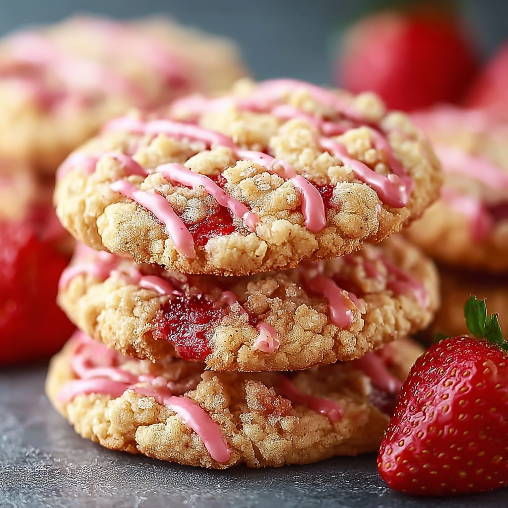 Close-up of strawberry crunch topping being pressed onto cookie