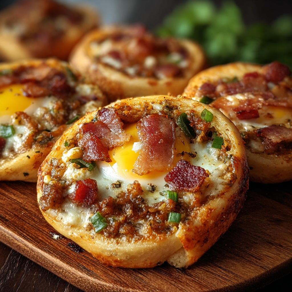 English Muffin Breakfast Pizza on baking sheet with gravy