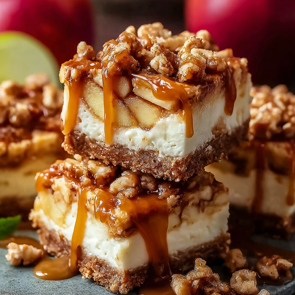 Close-up of cheesecake bar showing apple layer and streusel