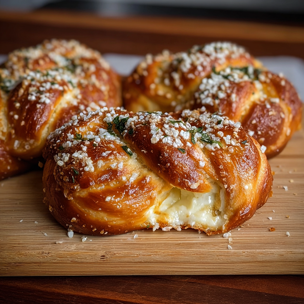 Stuffed mozzarella pretzels ready on a baking sheet