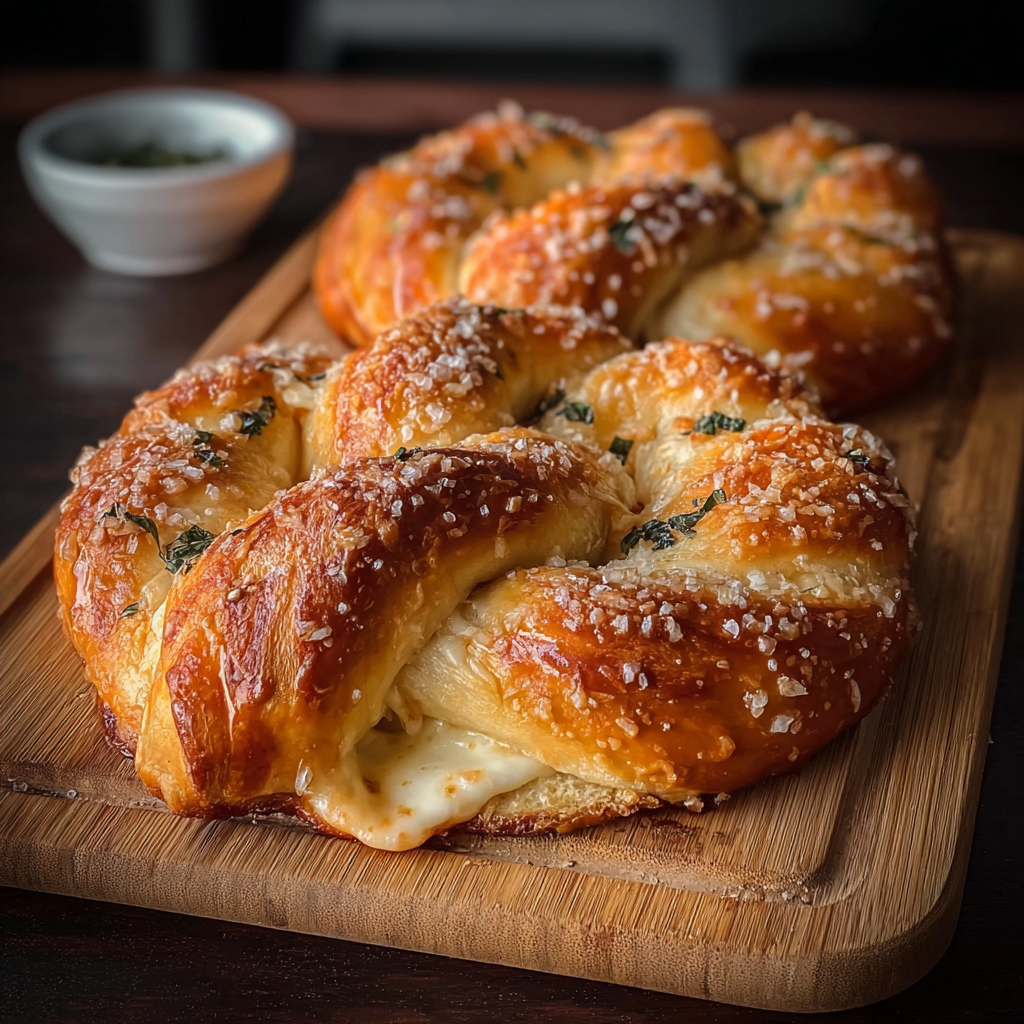 Close-up of golden pretzel crust and melted mozzarella