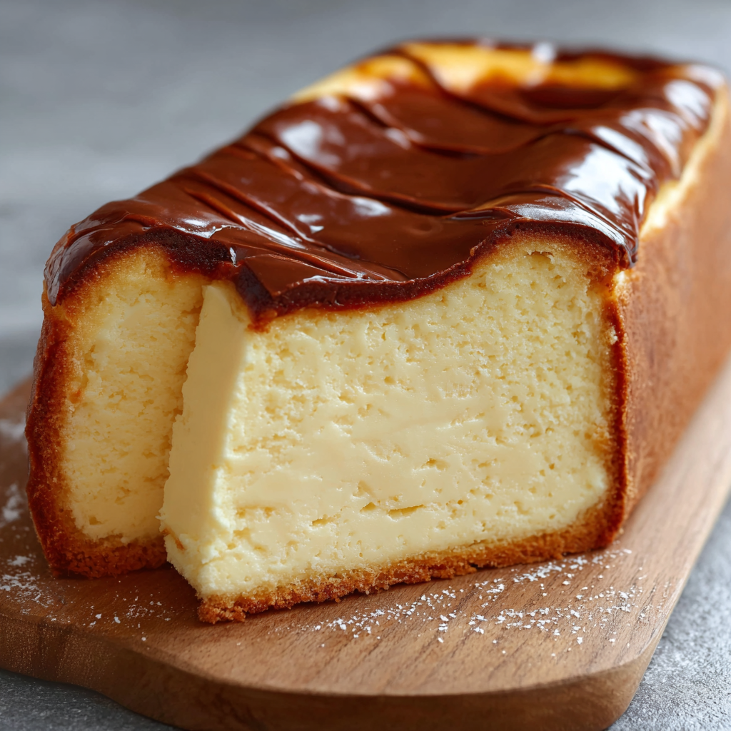Sliced Basque cheesecake loaf on a serving board