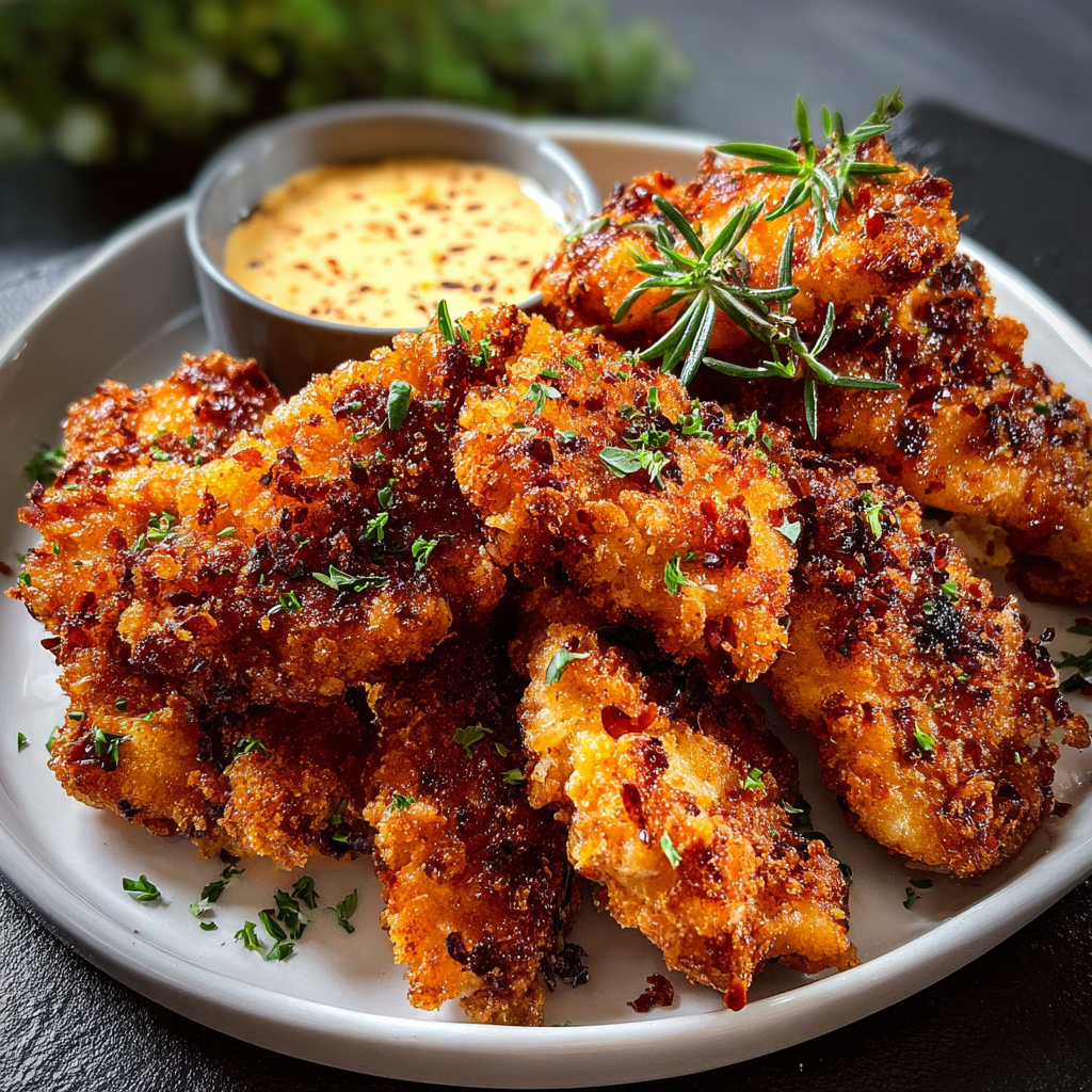 Golden crispy chicken pieces served with dip