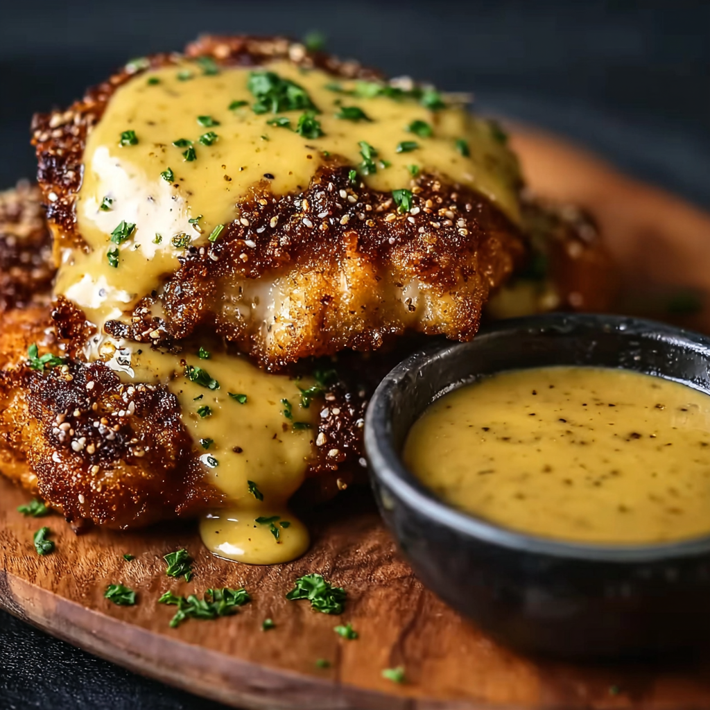 Pretzel-crusted chicken on a baking sheet