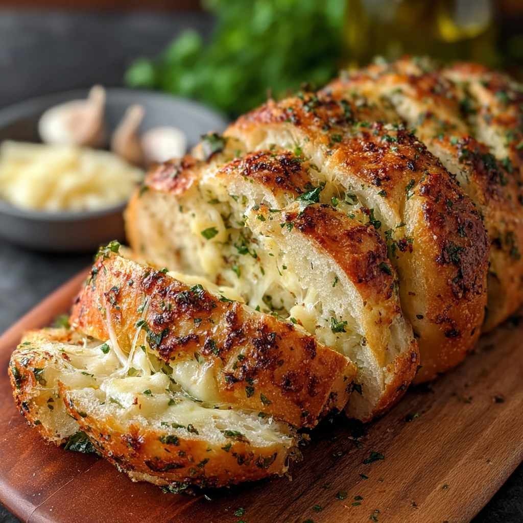Sliced Italian herb cheese bread on a cutting board