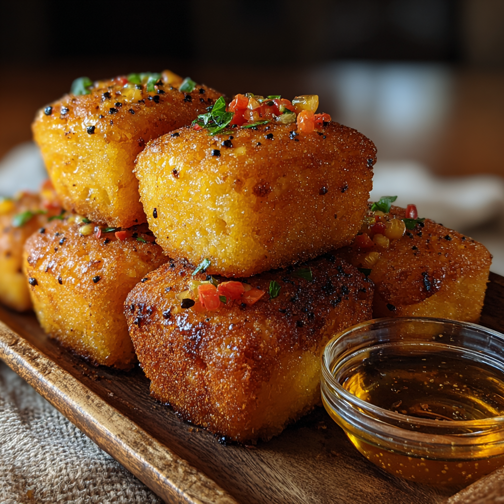Plated honey butter cornbread balls with garnish