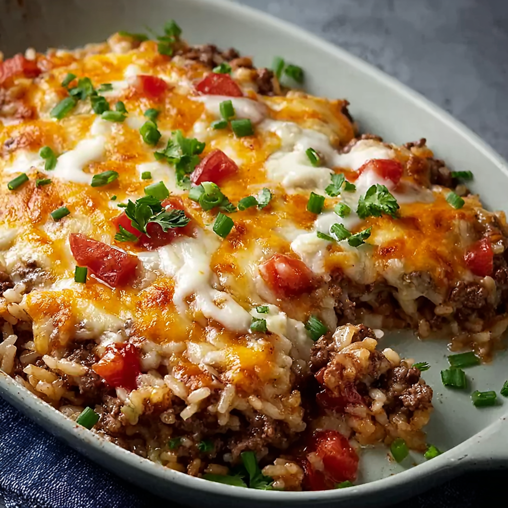 Cheesy Hamburger Rice Casserole broiled with melted cheese