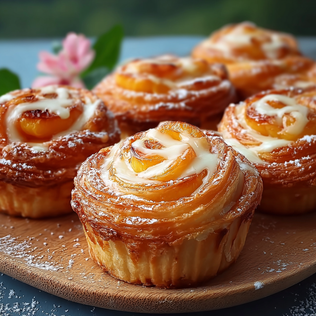 Close-up of twisted cruffin spiral with peach glaze