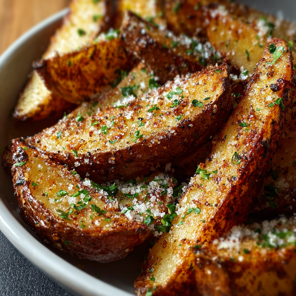 Baked garlic parmesan potato wedges on a baking sheet