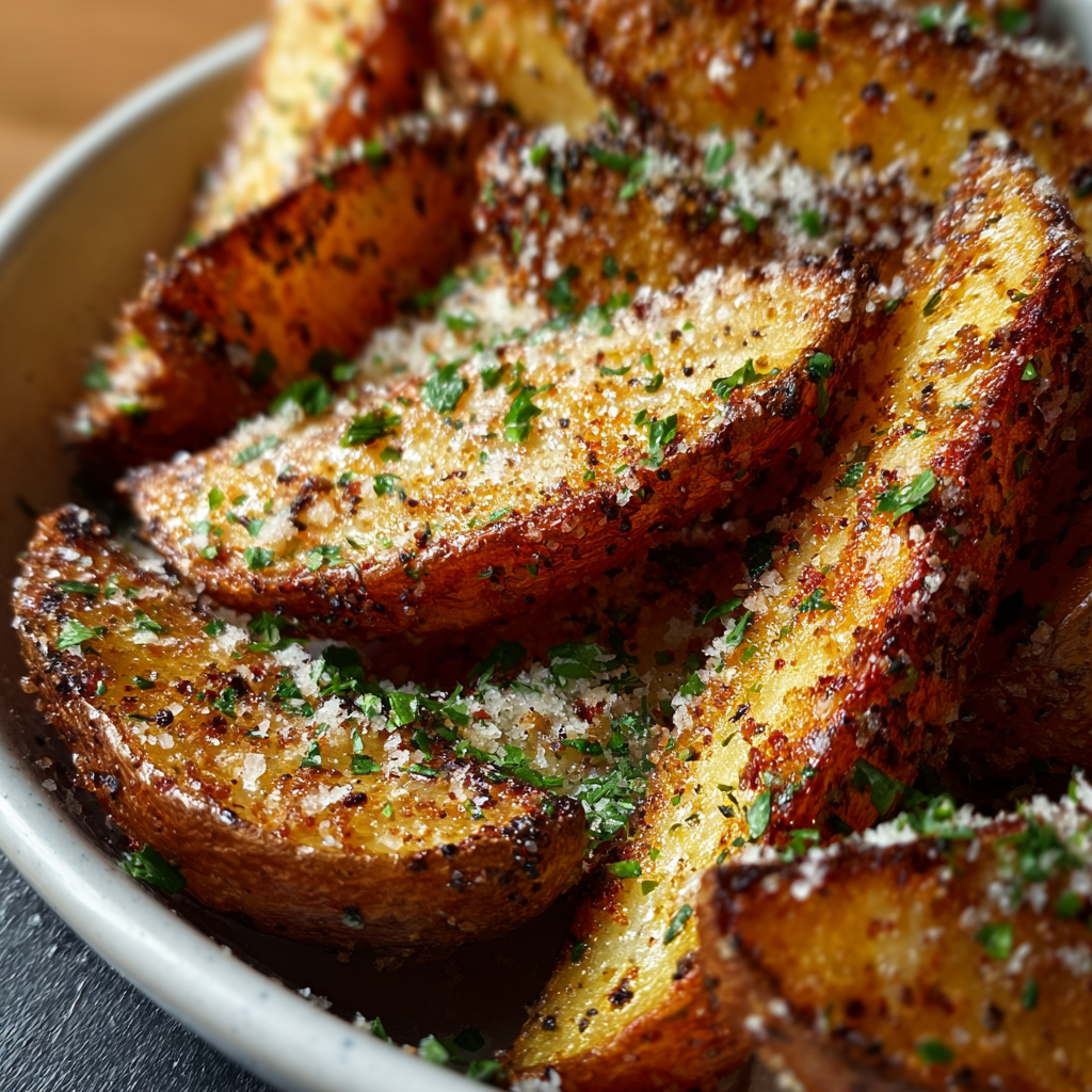 Close up of golden potato wedges with parsley garnish