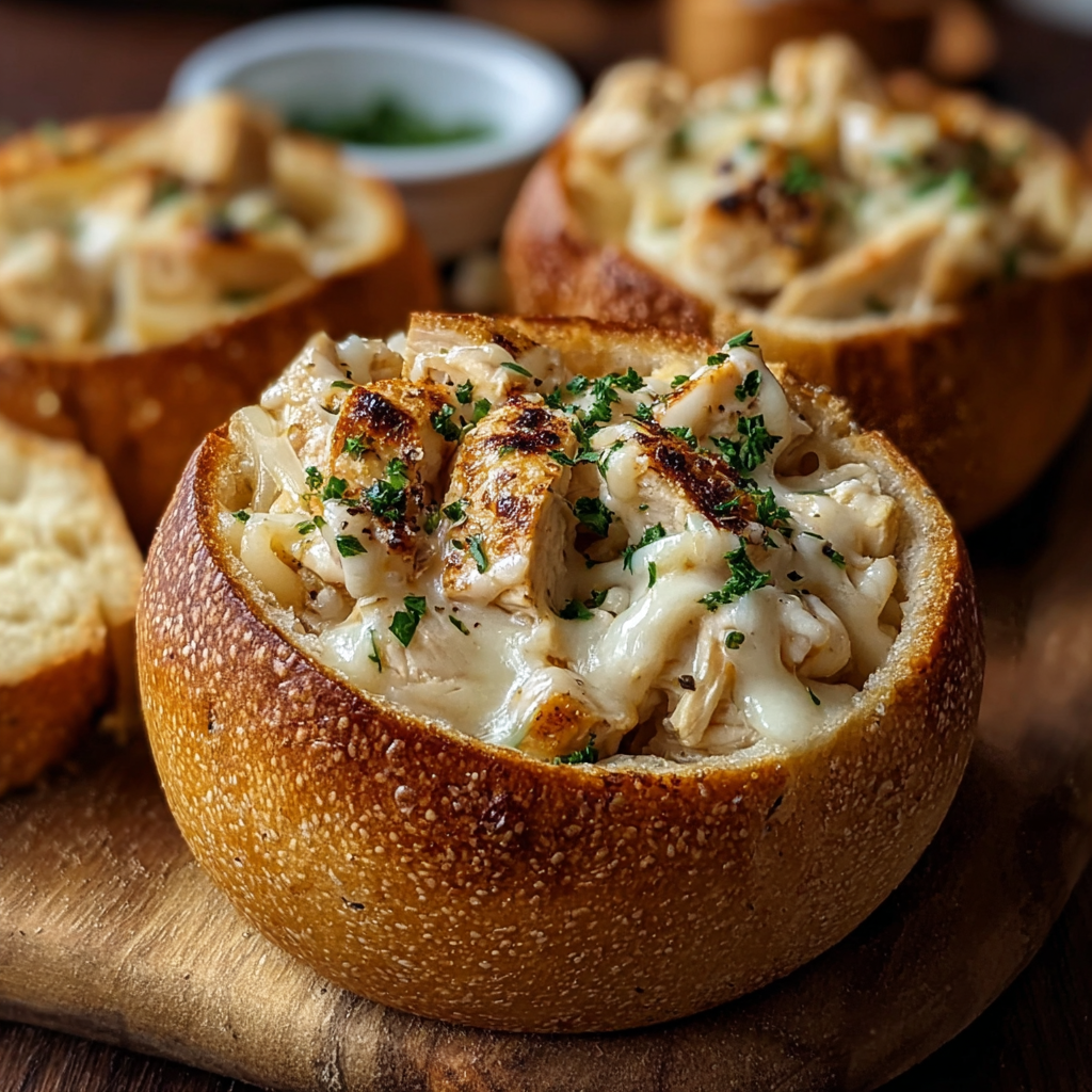 Chicken Alfredo Garlic Bread Bowls fresh from the oven