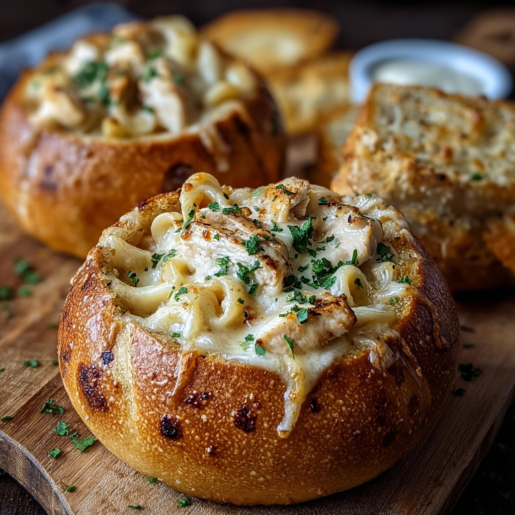 Close-up of stuffed bread bowl with melted parmesan