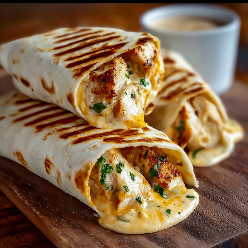 Two wraps cut in half showing cheesy interior