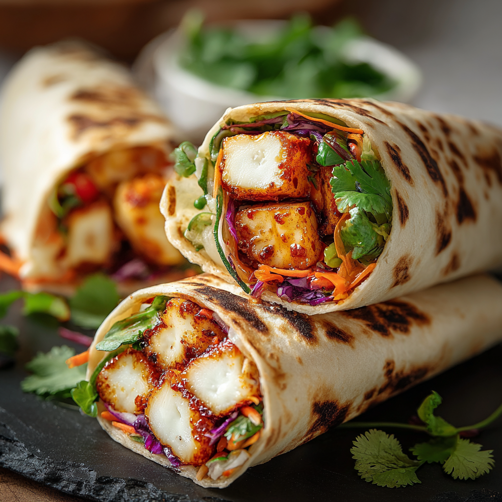 Golden fried halloumi slices ready to be wrapped