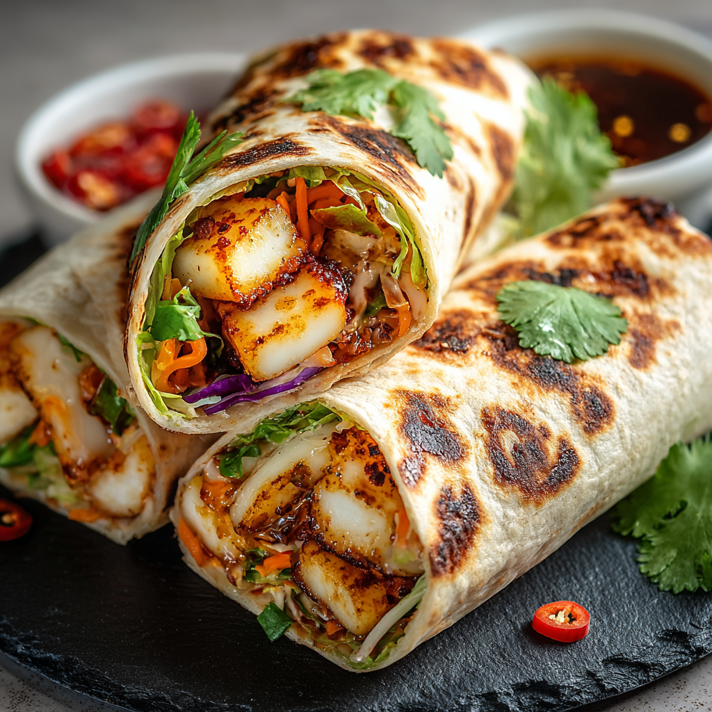 Assembled sweet chili halloumi wraps on a serving board