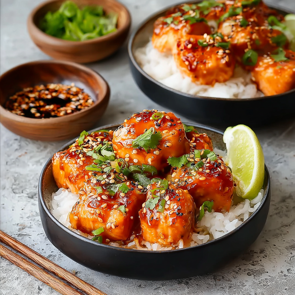 Bang bang sauce drizzled over salmon bites