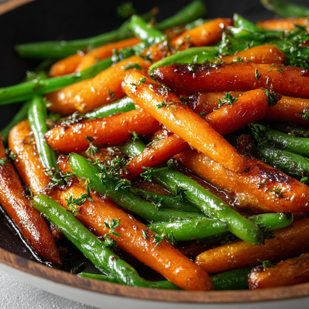 Honey glazed carrots and green beans on a serving platter