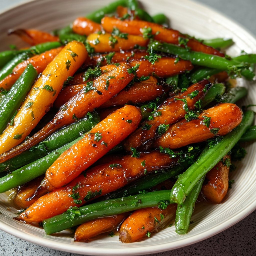 Carrots and green beans prepped on a cutting board