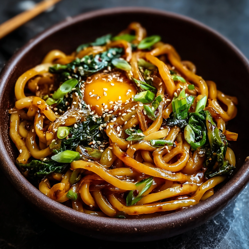 Pan of yaki udon with chicken and vegetables