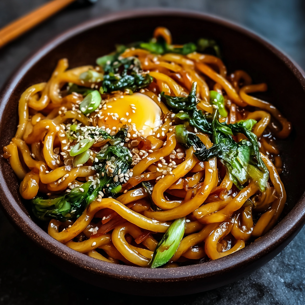 Close up of udon noodles coated in sauce with green onions