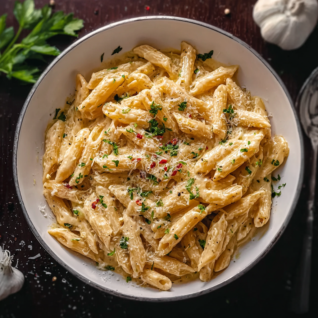 One pot creamy garlic pasta plated with parsley