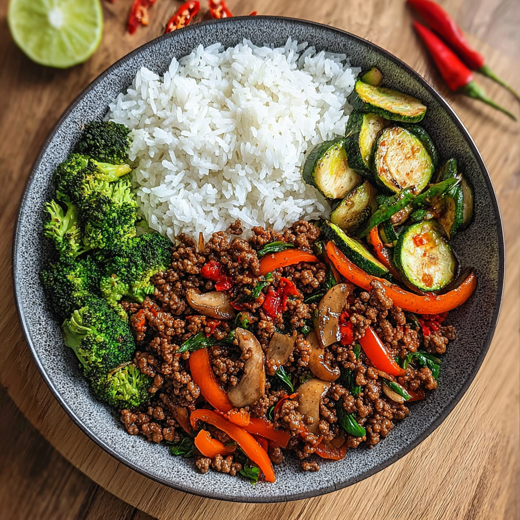 Close-up of garlic vegetables and beef over rice